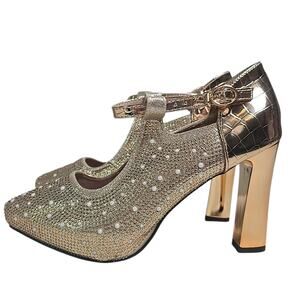 KayGreen Women Glitter Mary Jane Heels Gold Pearl Finish Size 39 8.5 US Platform